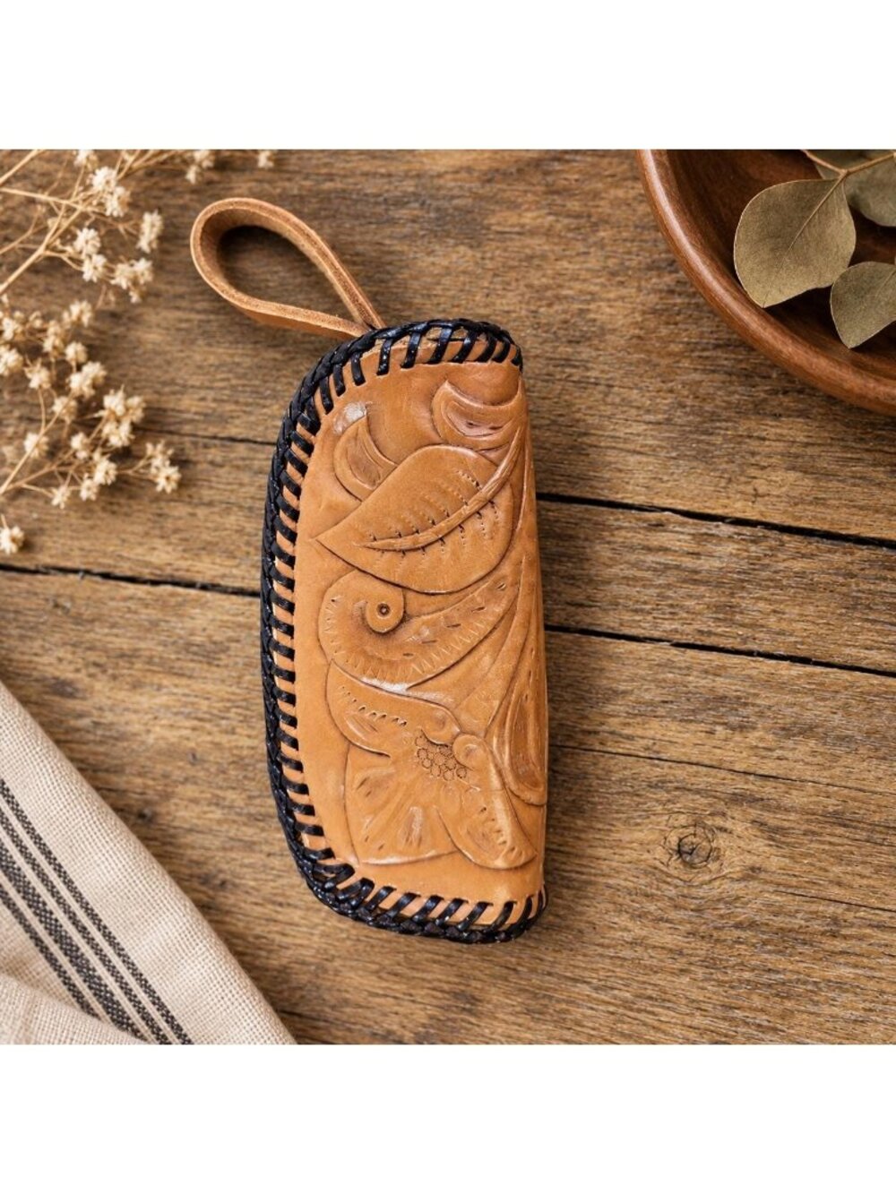 Mid Century Tooled Leather Wristlet Case, Kids Whipstitch Zip Pouch, Vintage Wes